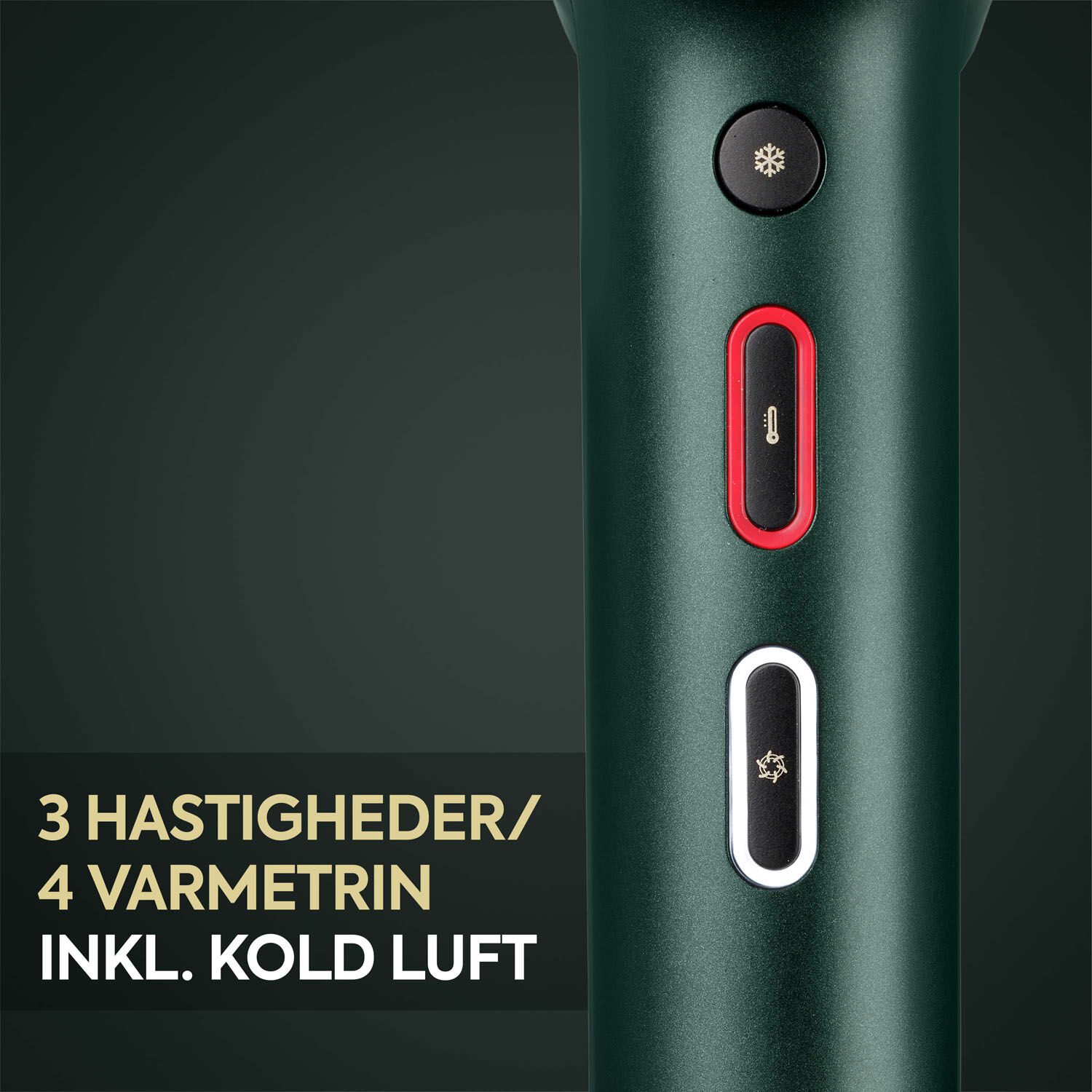 . 3 hastigheder/4 varmetrin. Inkl. kold luft